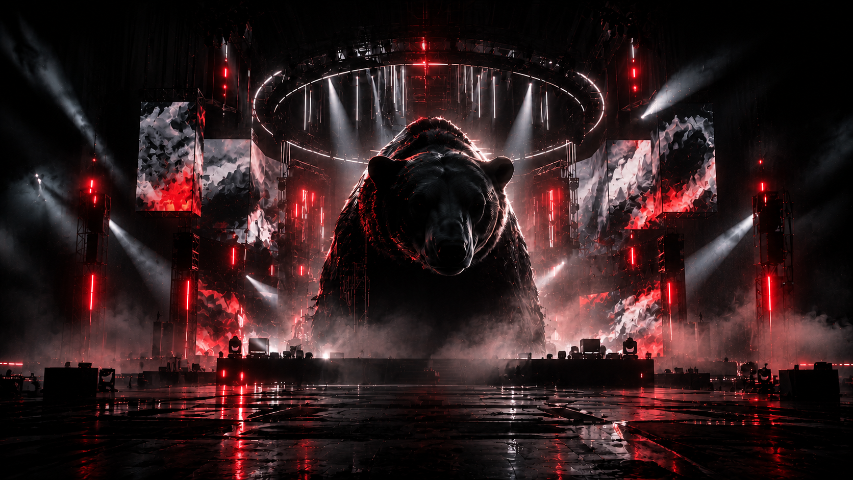 Dark concert stage, central bear, cascading LED screens and red and white lighting